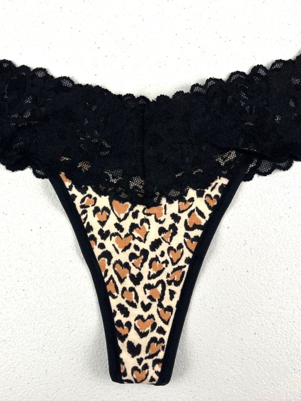Victoria's Secret Black Lace Waist Leopard Cotton Thong Panty. Size Medium